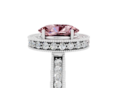 White gold Oval Cut Halo Diamond Engagement Ring with Milgrain Pave Band and Four-Prong Setting_5