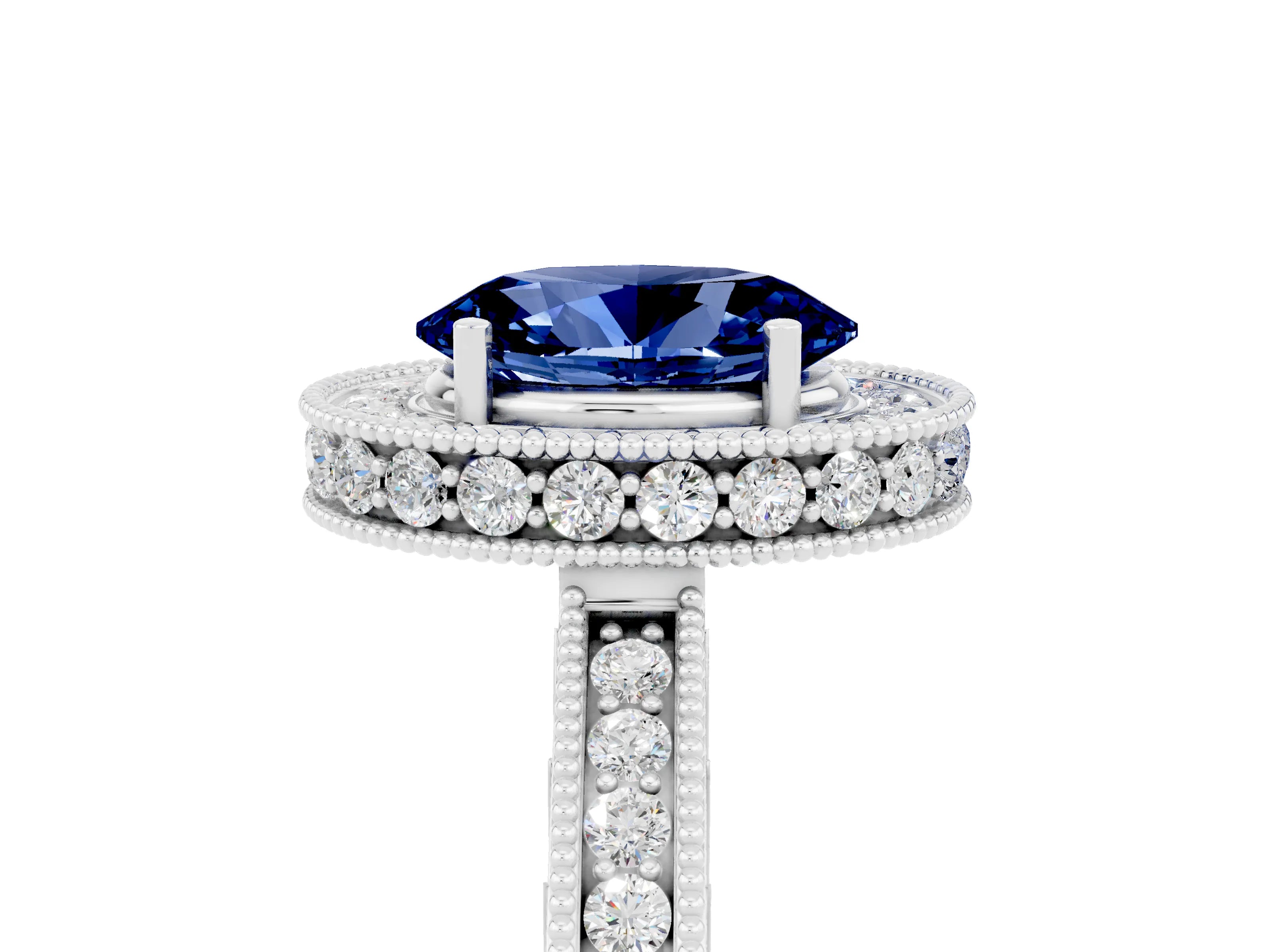 White gold Oval Cut Halo Diamond Engagement Ring with Milgrain Pave Band and Four-Prong Setting_5
