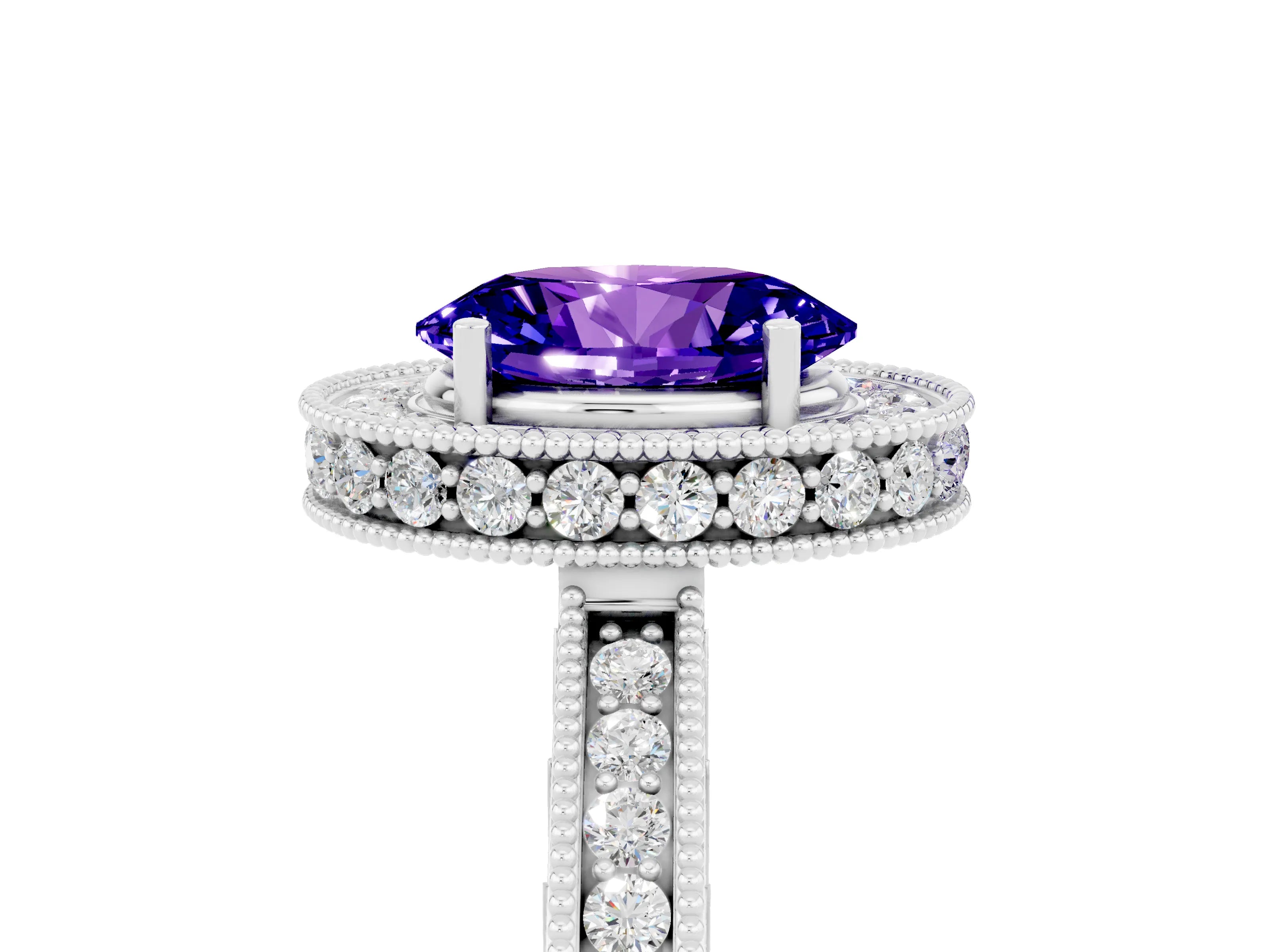 White gold Oval Cut Halo Diamond Engagement Ring with Milgrain Pave Band and Four-Prong Setting_5