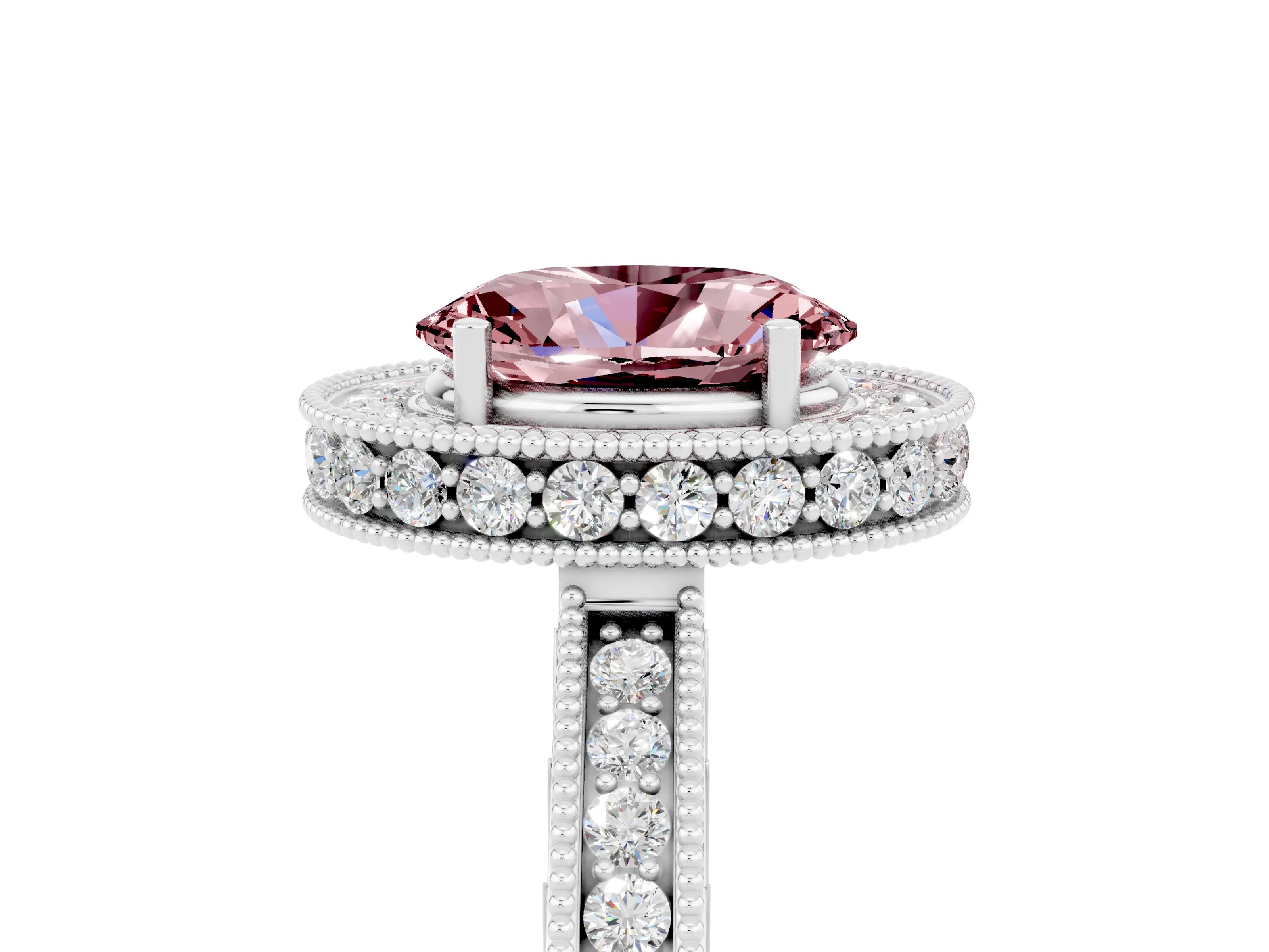 White gold Oval Cut Halo Diamond Engagement Ring with Milgrain Pave Band and Four-Prong Setting_5