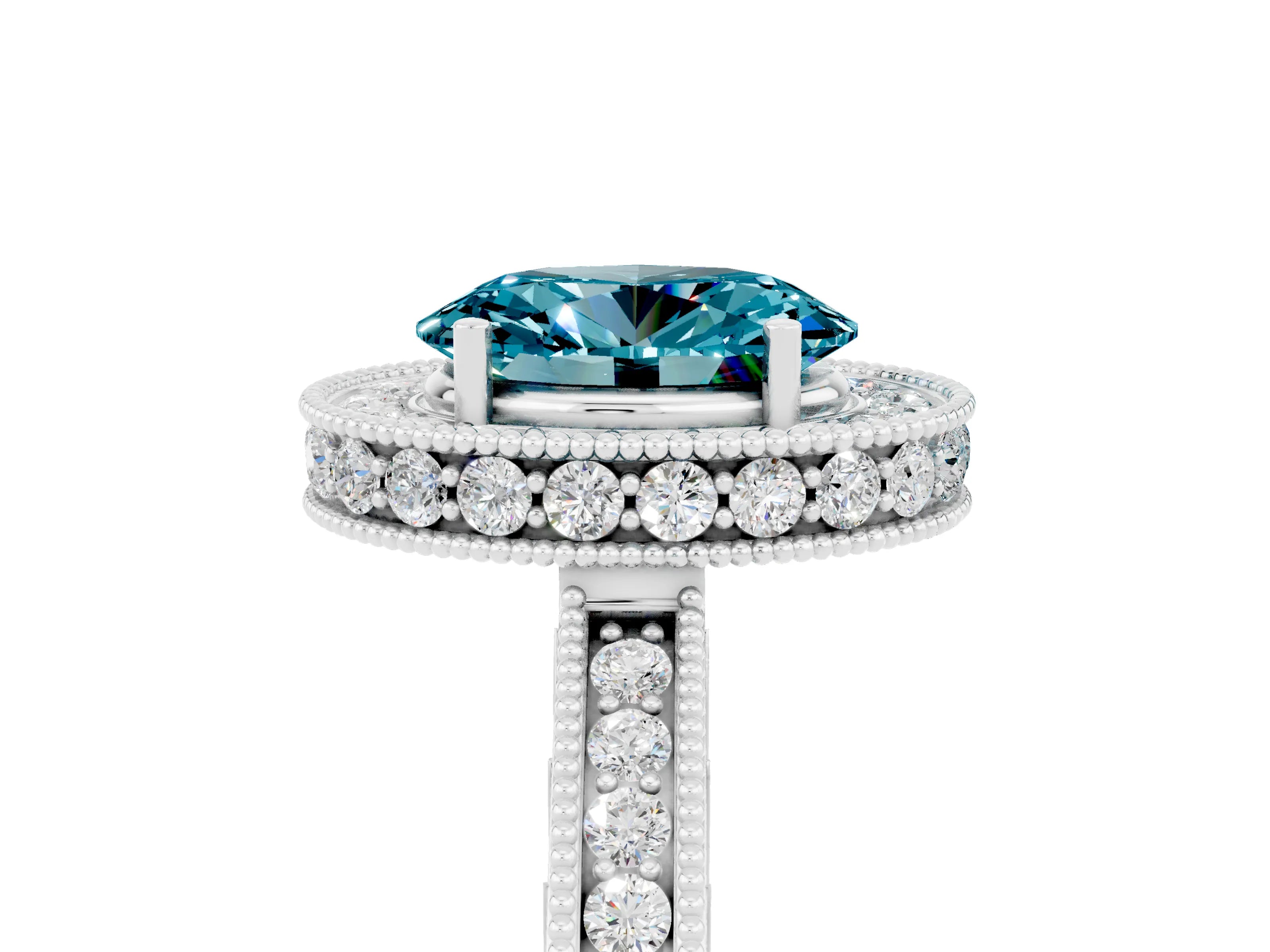 White gold Oval Cut Halo Diamond Engagement Ring with Milgrain Pave Band and Four-Prong Setting_5