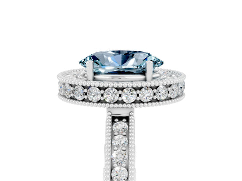 White gold Oval Cut Halo Diamond Engagement Ring with Milgrain Pave Band and Four-Prong Setting_5