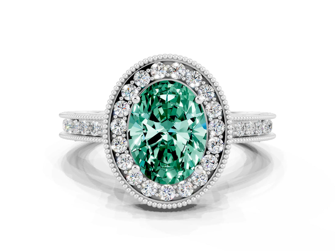 White gold Oval Cut Halo Diamond Engagement Ring with Milgrain Pave Band and Four-Prong Setting
