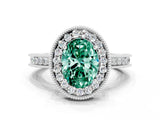 White gold Oval Cut Halo Diamond Engagement Ring with Milgrain Pave Band and Four-Prong Setting