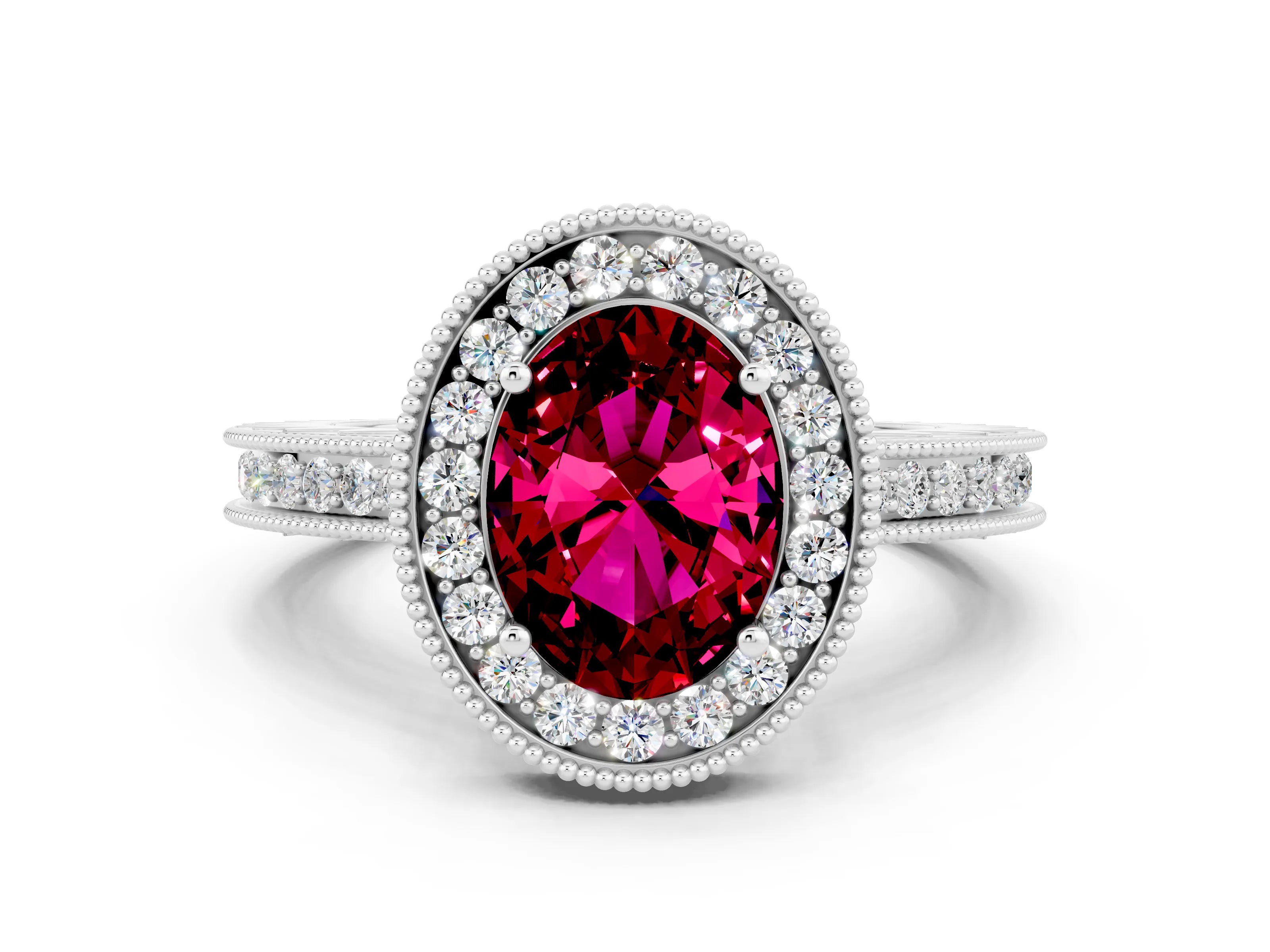 White gold Oval Cut Halo Diamond Engagement Ring with Milgrain Pave Band and Four-Prong Setting