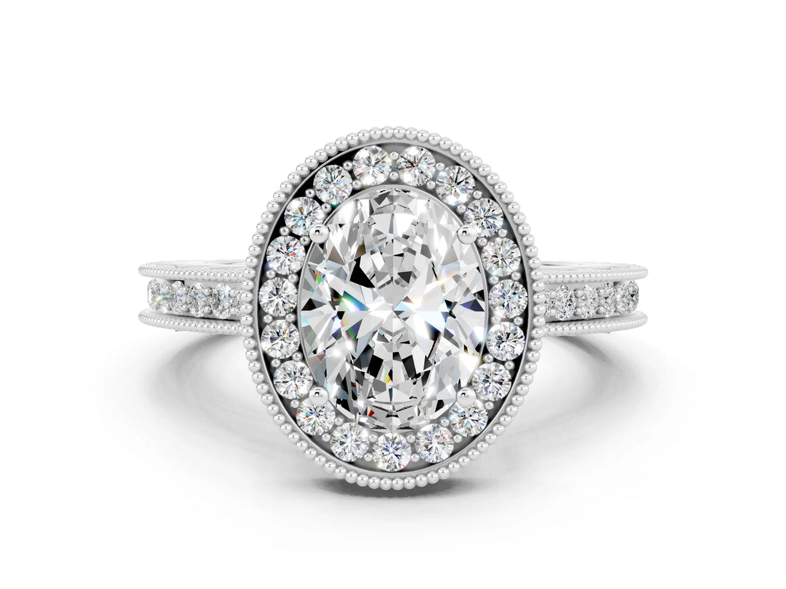 White gold Oval Cut Halo Diamond Engagement Ring with Milgrain Pave Band and Four-Prong Setting