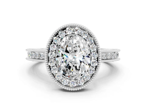 White gold Oval Cut Halo Diamond Engagement Ring with Milgrain Pave Band and Four-Prong Setting