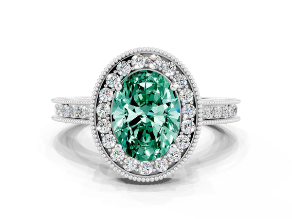 White gold Oval Cut Halo Diamond Engagement Ring with Milgrain Pave Band and Four-Prong Setting