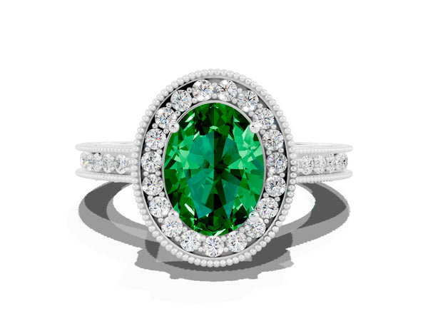 Silver Oval Cut Halo Diamond Engagement Ring with Milgrain Pave Band and Four-Prong Setting