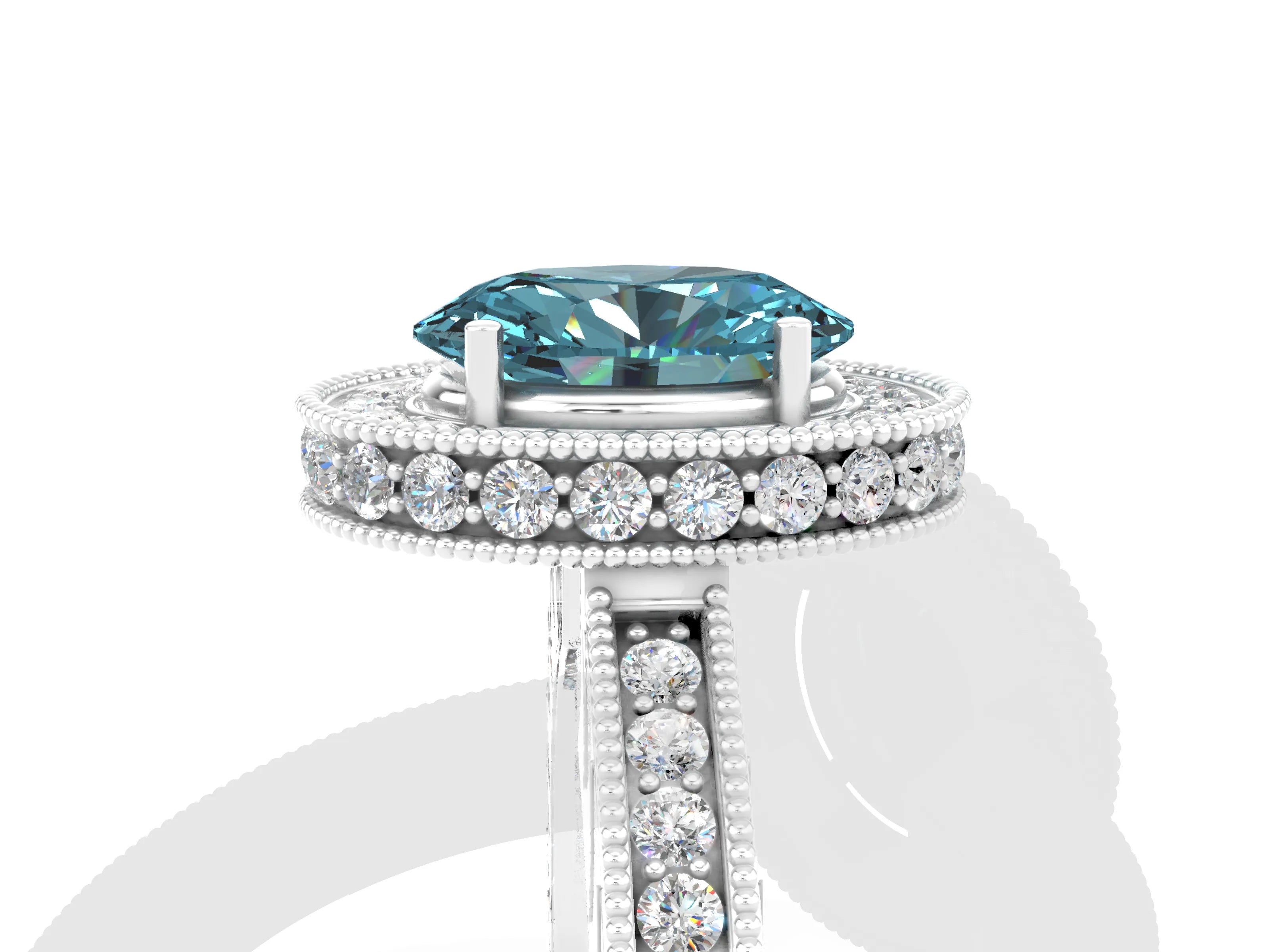 White gold Oval Cut Halo Diamond Engagement Ring with Milgrain Pave Band and Four-Prong Setting
