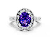 White gold Oval Cut Halo Diamond Engagement Ring with Milgrain Pave Band and Four-Prong Setting