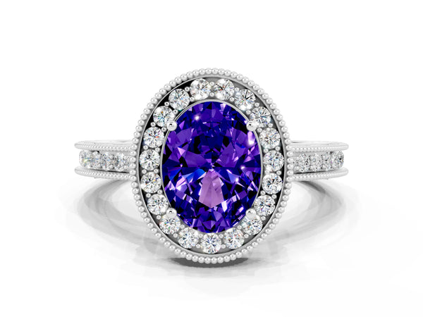 Platinum Oval Cut Halo Diamond Engagement Ring with Milgrain Pave Band and Four-Prong Setting