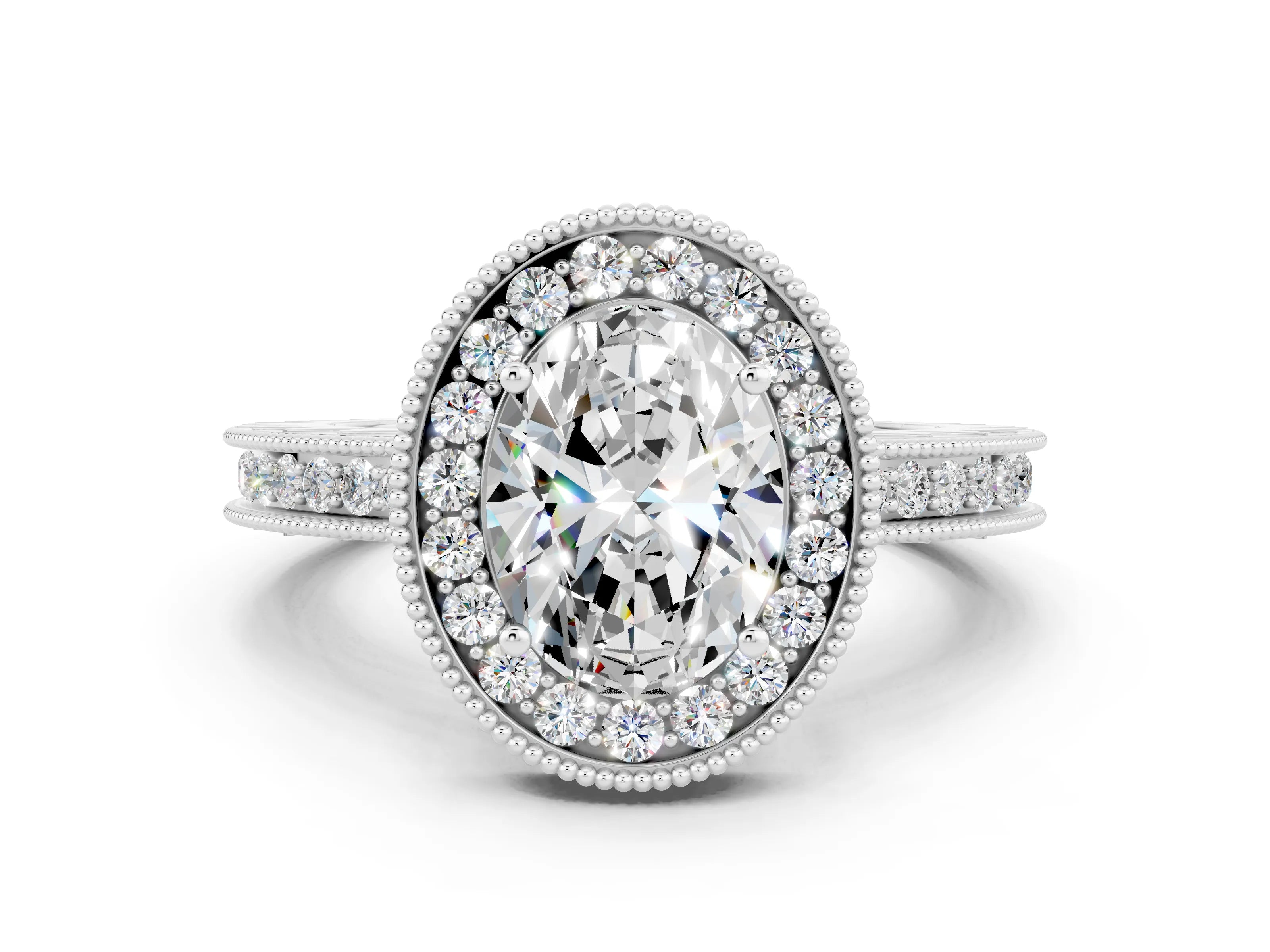 White gold Oval Cut Halo Diamond Engagement Ring with Milgrain Pave Band and Four-Prong Setting