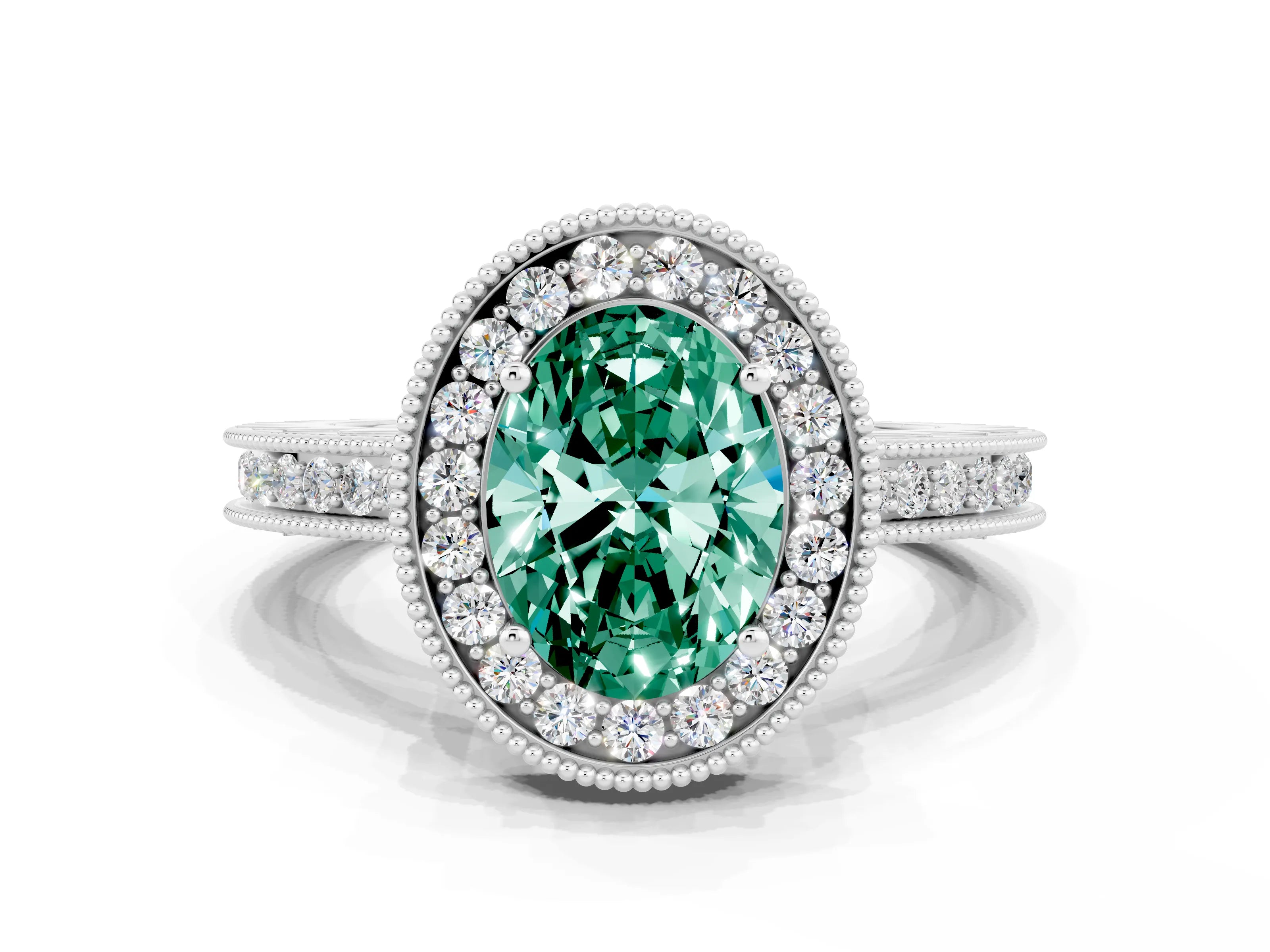 White gold Oval Cut Halo Diamond Engagement Ring with Milgrain Pave Band and Four-Prong Setting