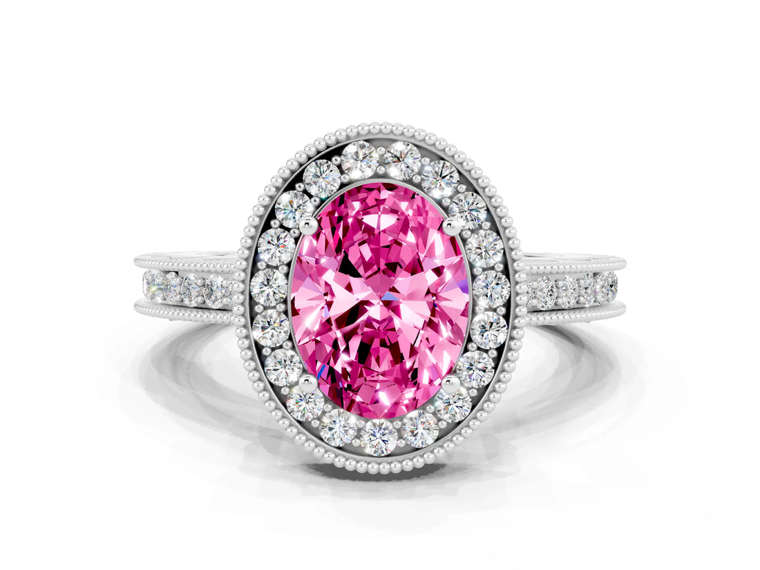 White gold Oval Cut Halo Diamond Engagement Ring with Milgrain Pave Band and Four-Prong Setting