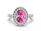 White gold Oval Cut Halo Diamond Engagement Ring with Milgrain Pave Band and Four-Prong Setting