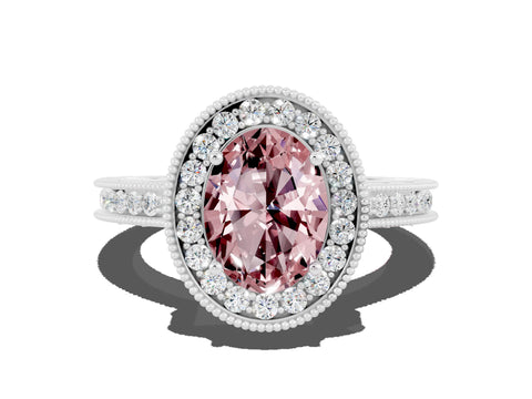 White gold Oval Cut Halo Diamond Engagement Ring with Milgrain Pave Band and Four-Prong Setting