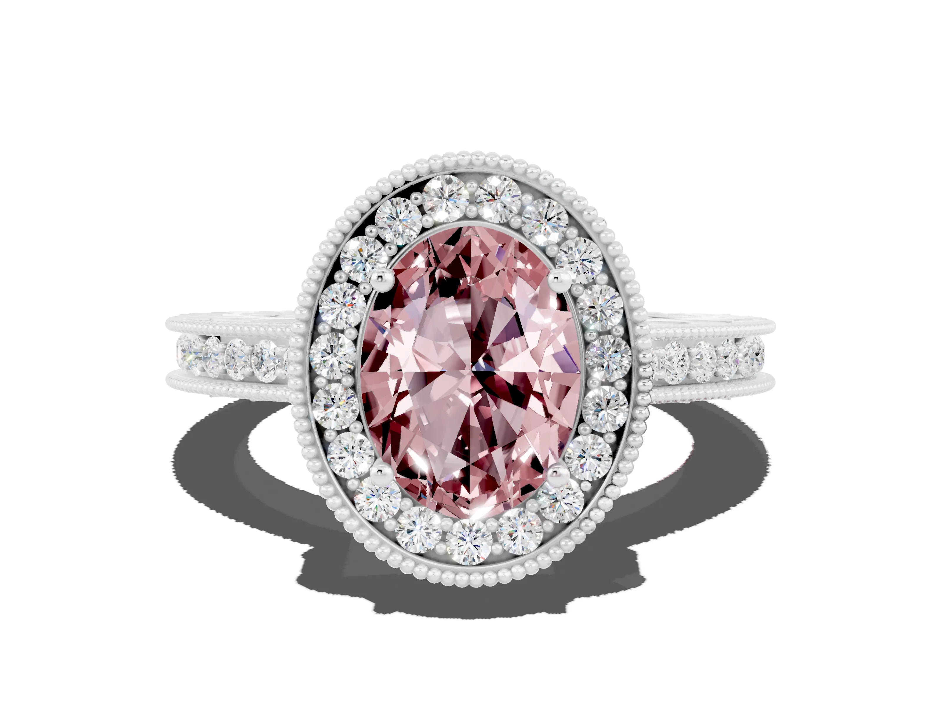 White gold Oval Cut Halo Diamond Engagement Ring with Milgrain Pave Band and Four-Prong Setting