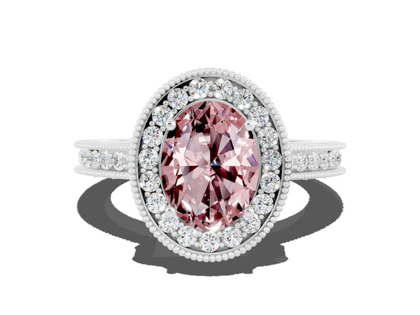 White gold Oval Cut Halo Diamond Engagement Ring with Milgrain Pave Band and Four-Prong Setting