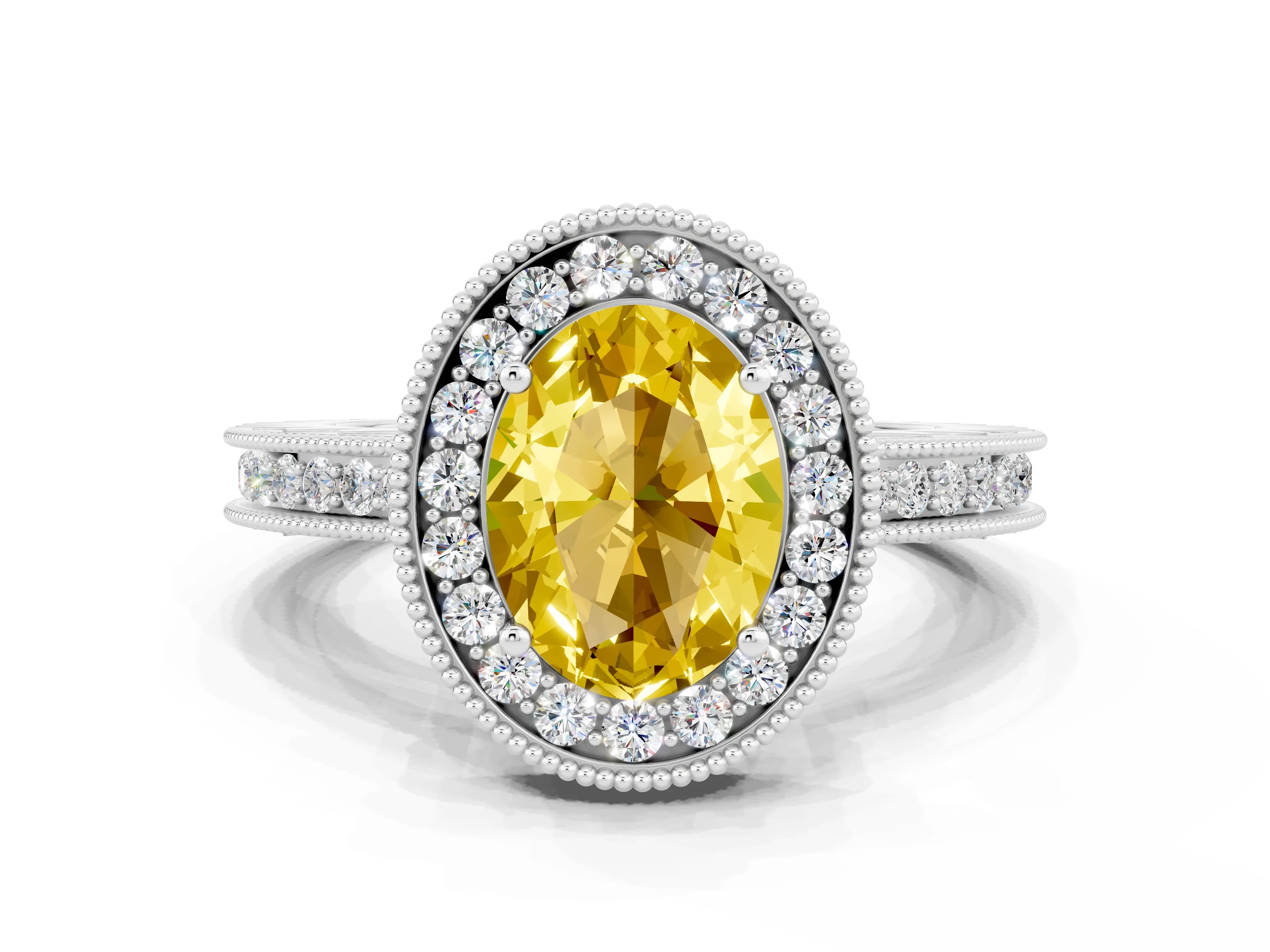 White gold Oval Cut Halo Diamond Engagement Ring with Milgrain Pave Band and Four-Prong Setting