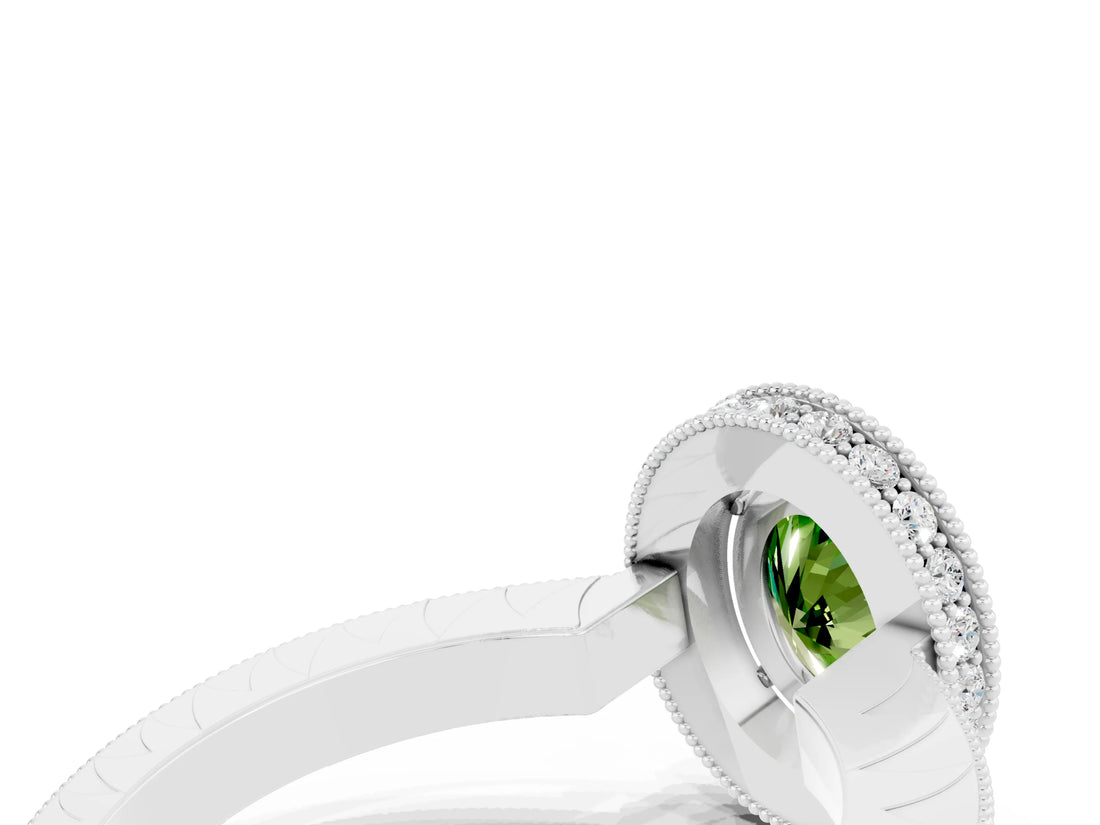 White gold Oval Cut Halo Diamond Engagement Ring with Milgrain Pave Band and Four-Prong Setting