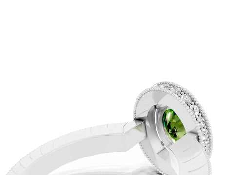 White gold Oval Cut Halo Diamond Engagement Ring with Milgrain Pave Band and Four-Prong Setting