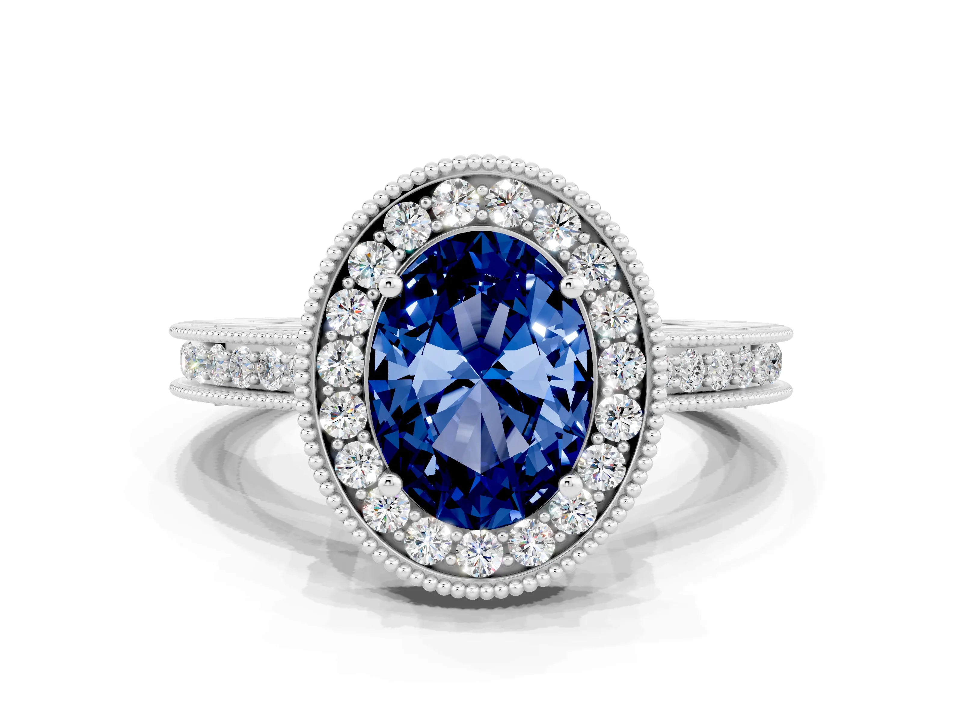 White gold Oval Cut Halo Diamond Engagement Ring with Milgrain Pave Band and Four-Prong Setting