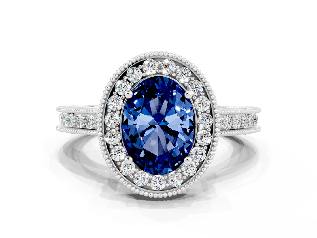 White gold Oval Cut Halo Diamond Engagement Ring with Milgrain Pave Band and Four-Prong Setting