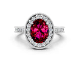 White gold Oval Cut Halo Diamond Engagement Ring with Milgrain Pave Band and Four-Prong Setting