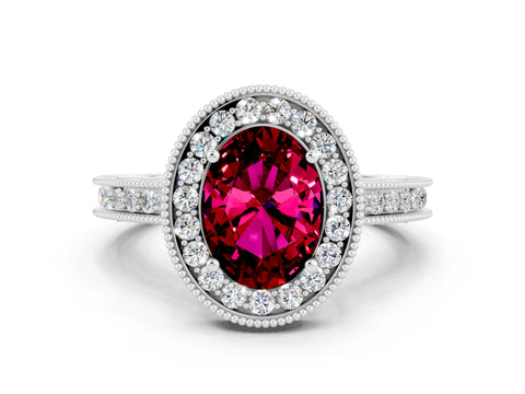 White gold Oval Cut Halo Diamond Engagement Ring with Milgrain Pave Band and Four-Prong Setting