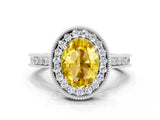 White gold Oval Cut Halo Diamond Engagement Ring with Milgrain Pave Band and Four-Prong Setting
