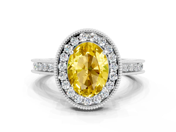 White gold Oval Cut Halo Diamond Engagement Ring with Milgrain Pave Band and Four-Prong Setting