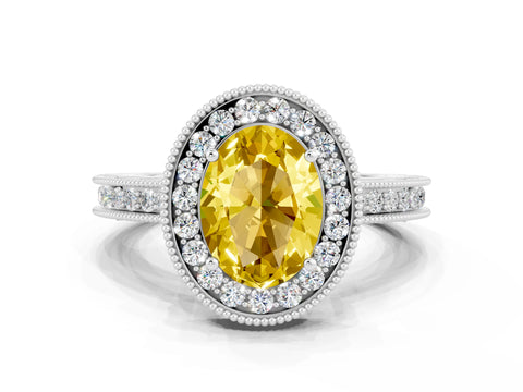 White gold Oval Cut Halo Diamond Engagement Ring with Milgrain Pave Band and Four-Prong Setting