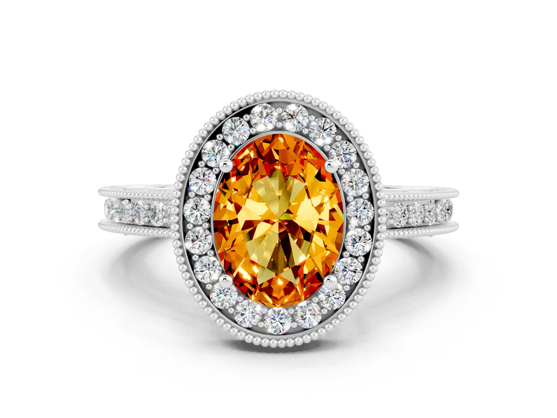 White gold Oval Cut Halo Diamond Engagement Ring with Milgrain Pave Band and Four-Prong Setting