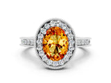 White gold Oval Cut Halo Diamond Engagement Ring with Milgrain Pave Band and Four-Prong Setting