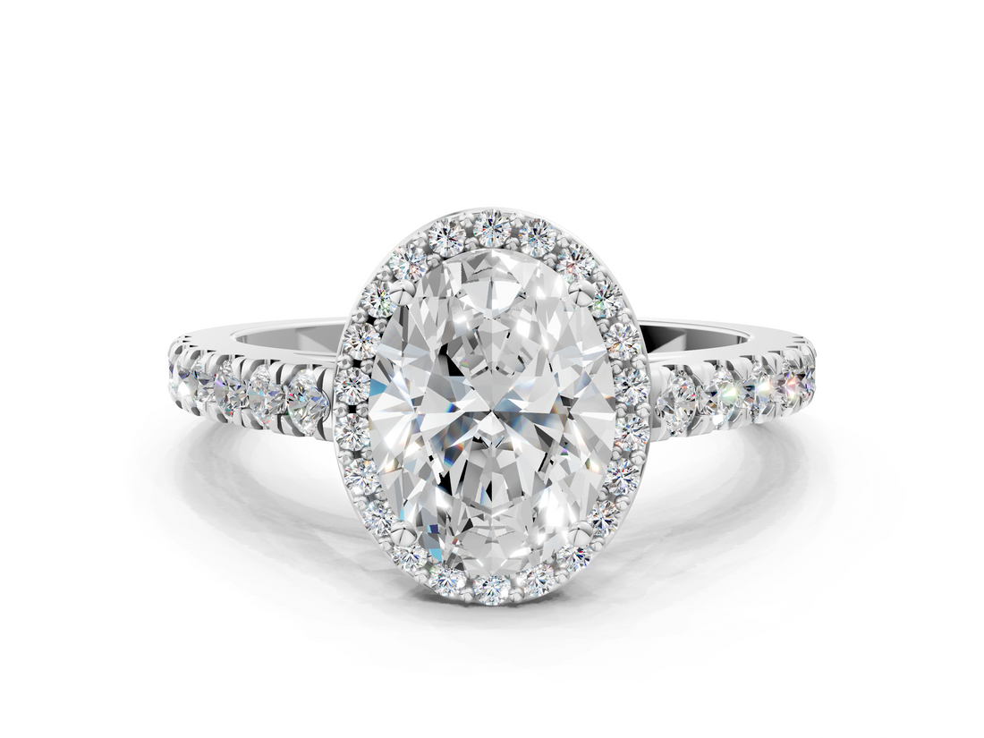 White gold Oval Cut Halo Diamond Engagement Ring with Pave Band and Four-Prong Setting_57