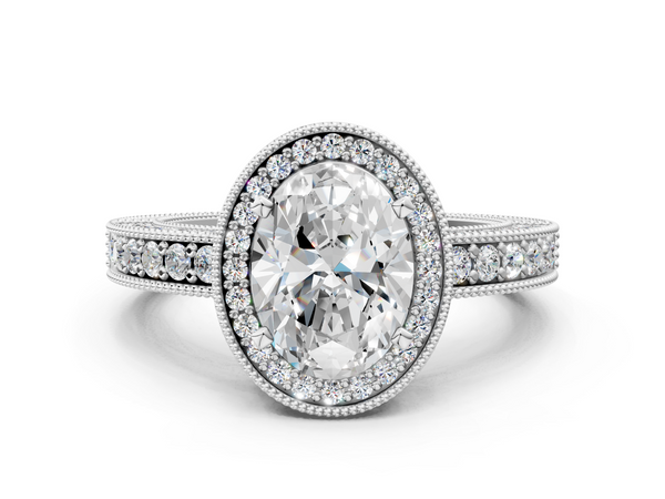 White gold Oval Cut Halo Diamond Pave Band Ring with Four-Prong Setting
