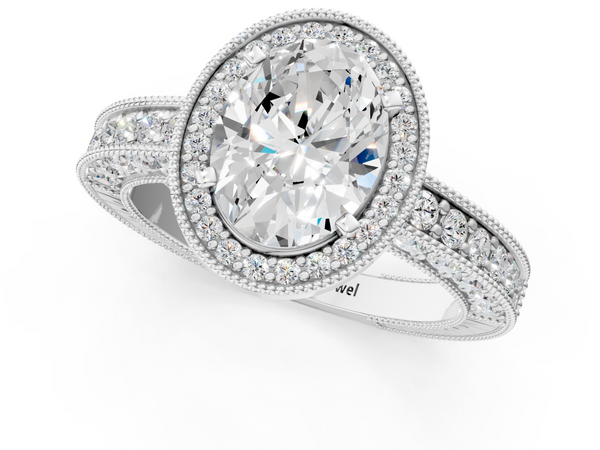 White gold Oval Cut Halo Diamond Pave Band Ring with Four-Prong Setting
