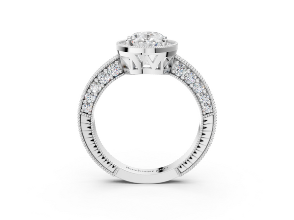 White gold Oval Cut Halo Diamond Pave Band Ring with Four-Prong Setting