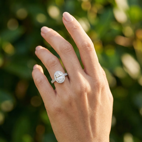 White gold Oval Cut Halo Diamond Pave Band Ring with Four-Prong Setting