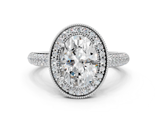 White gold Oval Cut Halo Diamond Pave Band with Four-Prong Setting