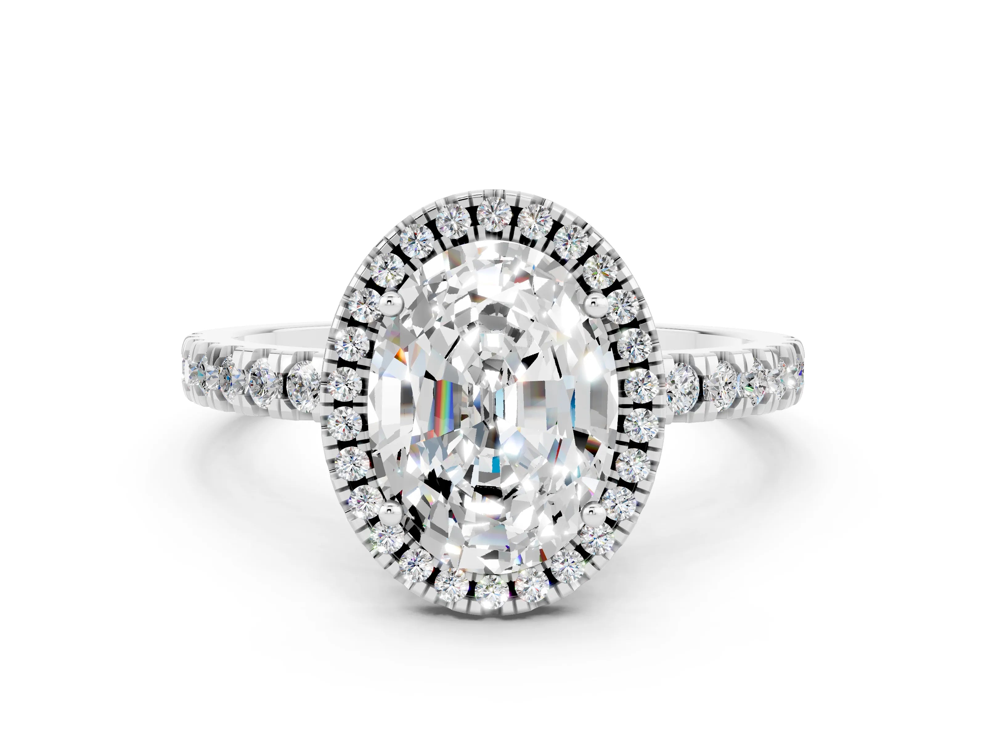 White gold Oval Cut Halo Diamond Pave Band with Prong Setting