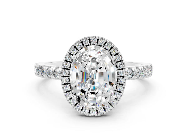 White gold Oval Cut Moissanite Classic Halo Engagement Ring with Round Pavé Band and Prong Setting