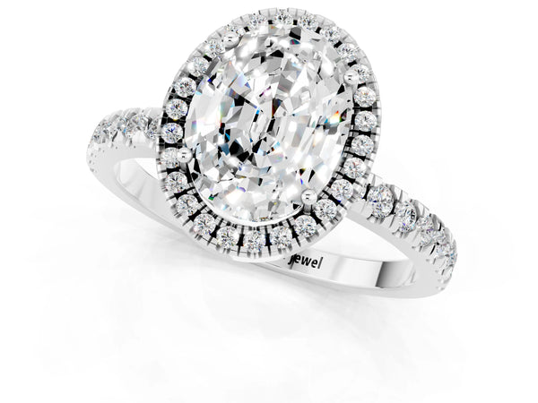 White gold Oval Cut Moissanite Classic Halo Engagement Ring with Round Pavé Band and Prong Setting