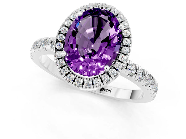 Platinum Oval Cut Amethyst Classic Halo Engagement Ring with Round Pavé Band and Prong Setting