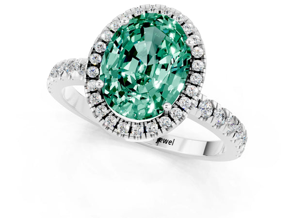 White gold Oval Cut Green Sapphire Classic Halo Engagement Ring with Round Pavé Band and Prong Setting