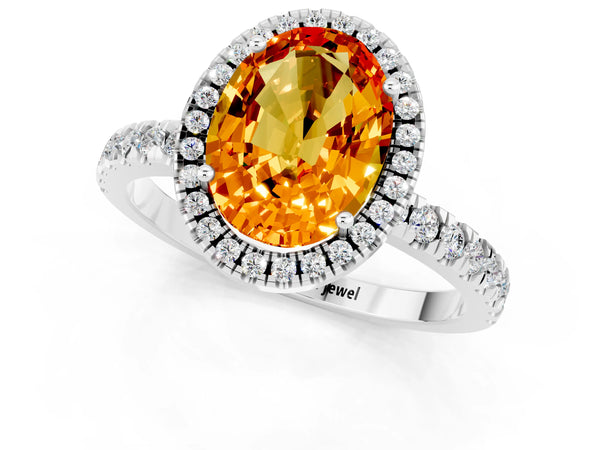 Platinum Oval Cut Citrine Classic Halo Engagement Ring with Round Pavé Band and Prong Setting