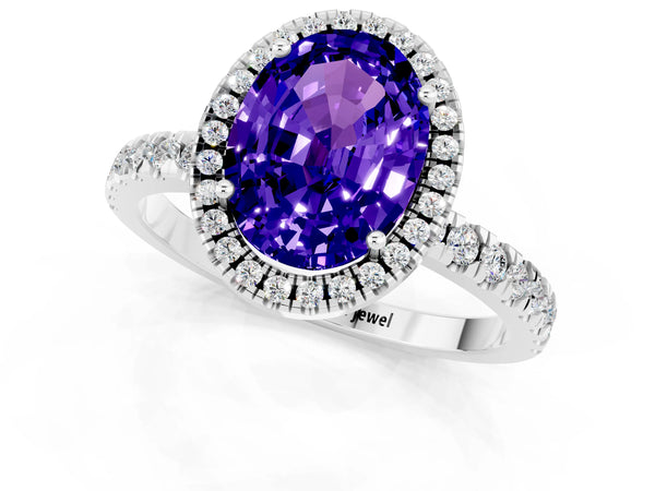 Silver Oval Cut Tanzanite Classic Halo Engagement Ring with Round Pavé Band and Prong Setting