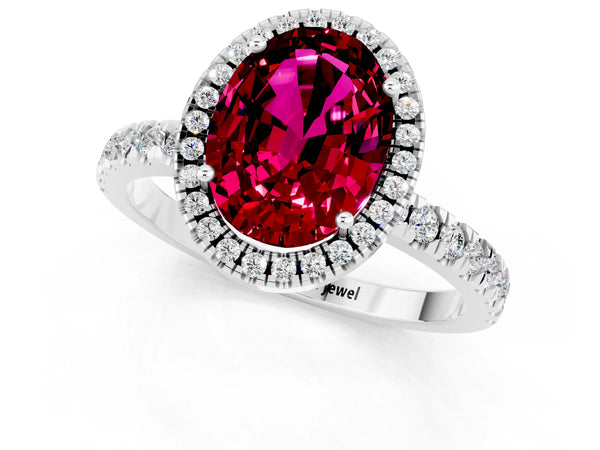 Platinum Oval Cut Garnet Classic Halo Engagement Ring with Round Pavé Band and Prong Setting
