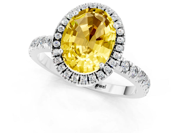 Platinum Oval Cut Yellow Sapphire Classic Halo Engagement Ring with Round Pavé Band and Prong Setting